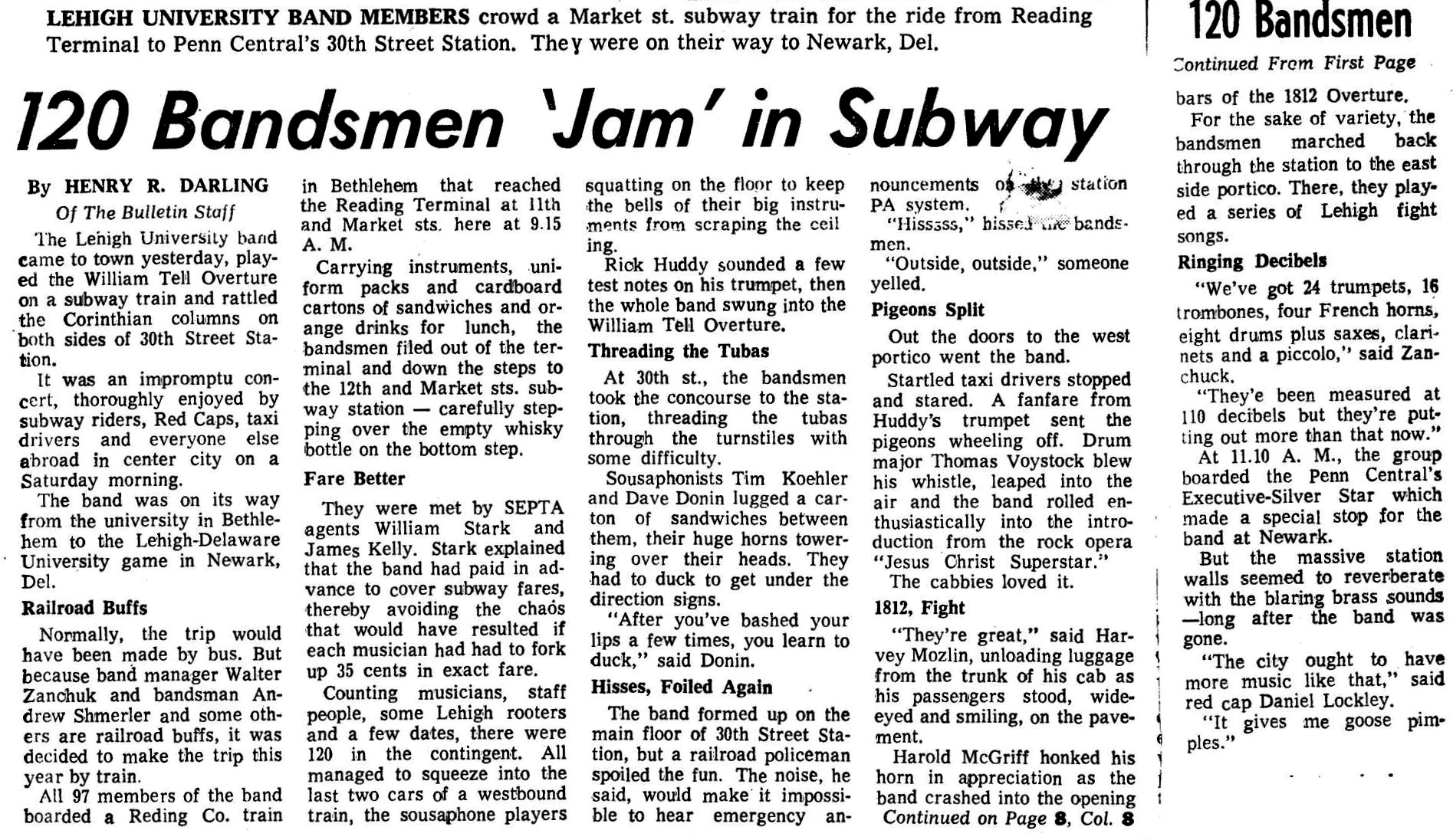 A newspaper article titled '120 Bandsmen 'Jam' in Subway' detailing the trip